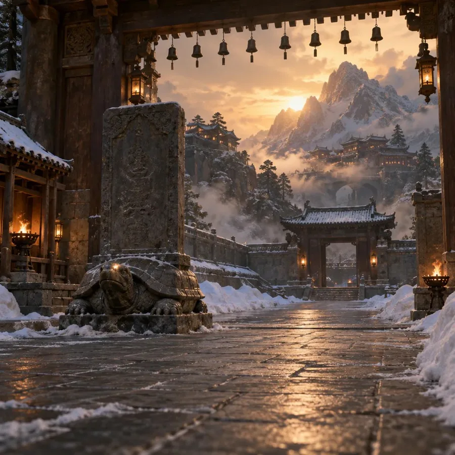 A snowy academy courtyard at sunset, bronze bells hanging from a gate, mountains beyond