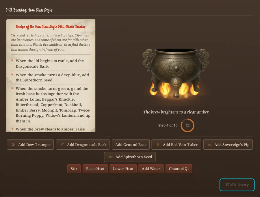 The pill-brewing screen: a recipe card of signs beside a bronze cauldron over flames, a step timer and ingredient buttons