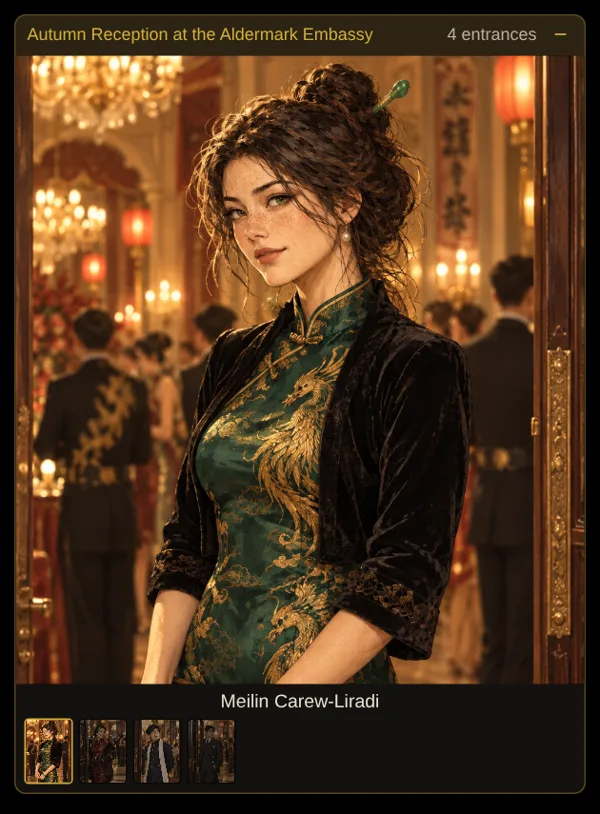 The entrance carousel: a portrait of a woman in a jade qipao arriving at an embassy reception, with thumbnails of other guests below