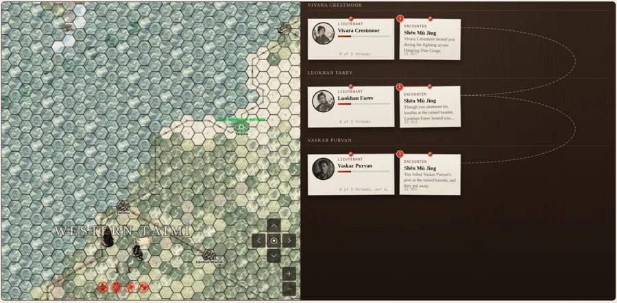 The case wall: a map on the left, and on the right cards for three lieutenants pinned to the encounters where you met them