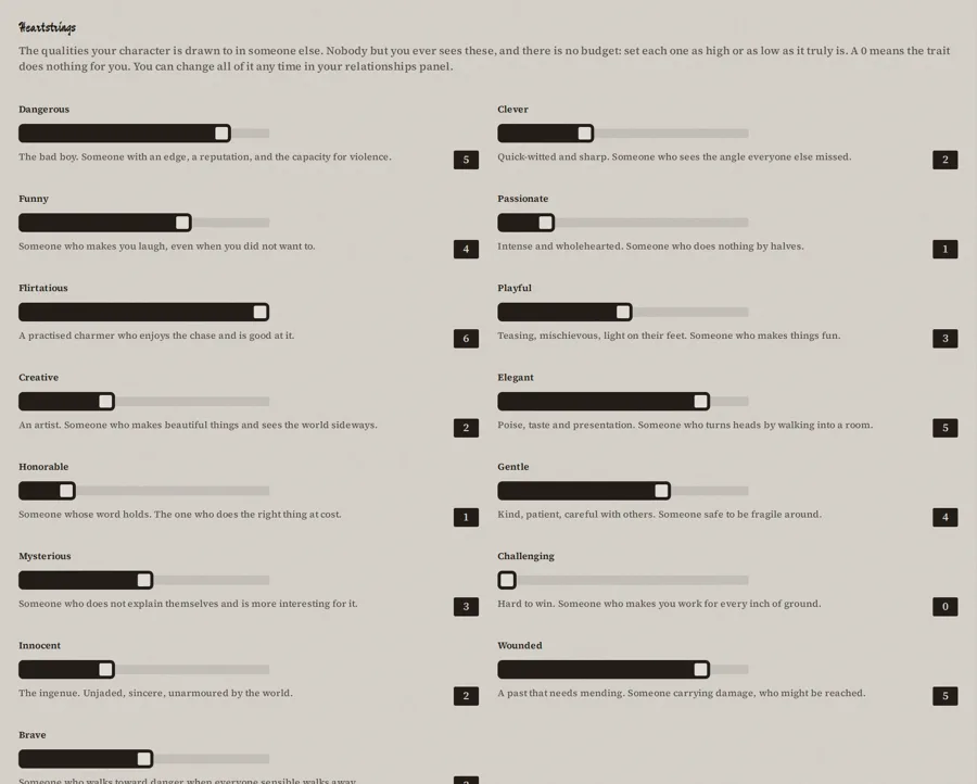 The Heartstrings section of character creation: sliders for Dangerous, Clever, Funny, Passionate, Elegant, Gentle and more