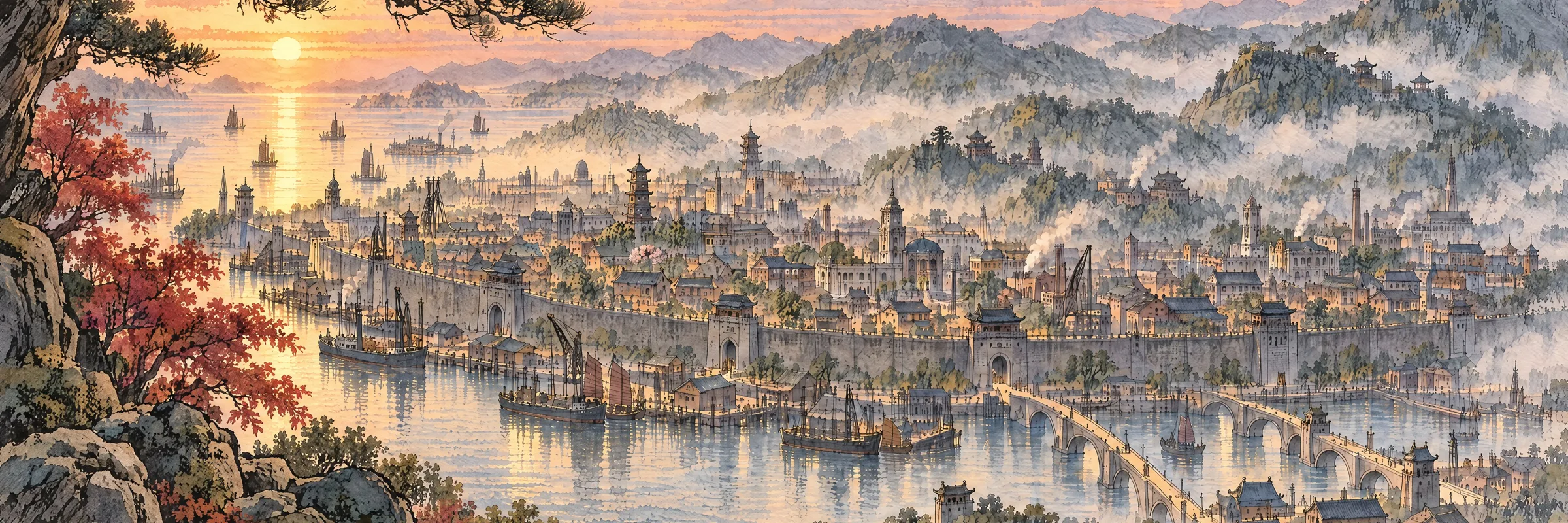 Zhūwān at dawn: the walled harbour city, its bridges and junks, under misty hills