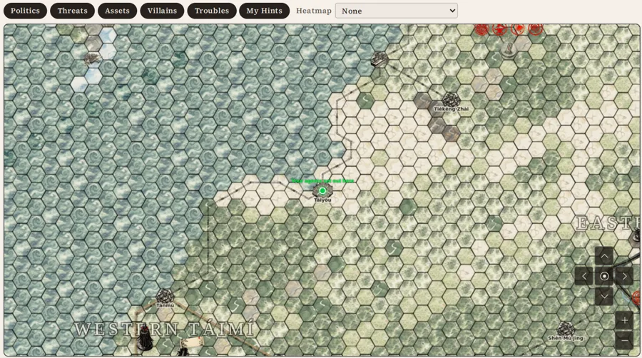 The House Intelligence map: a hex map of Western Táimí with towns, roads and overlay filters for politics, threats, assets, villains and troubles
