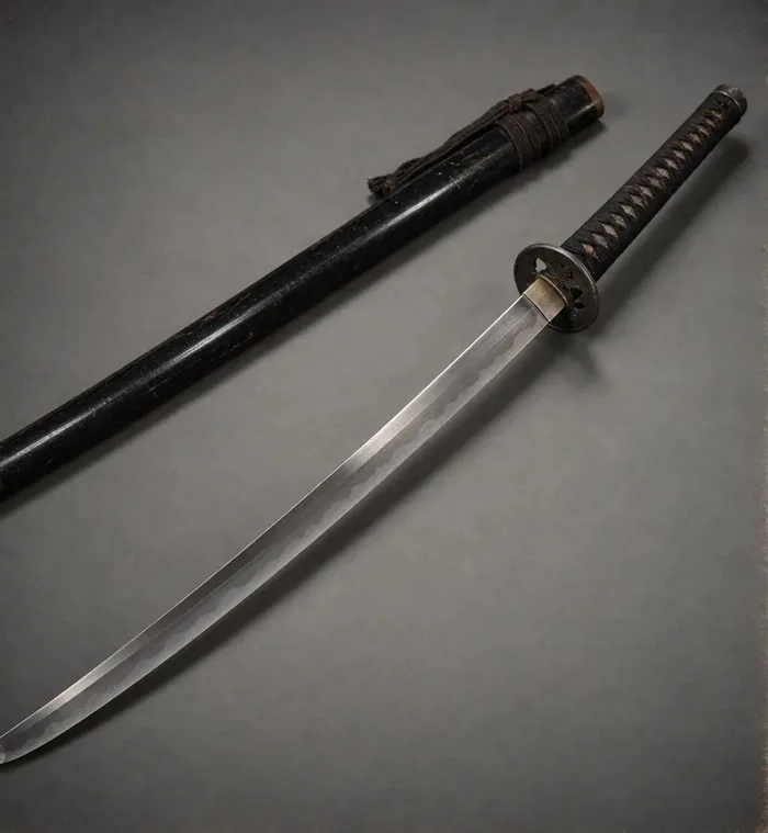 A katana with a black-wrapped hilt beside its black lacquer scabbard