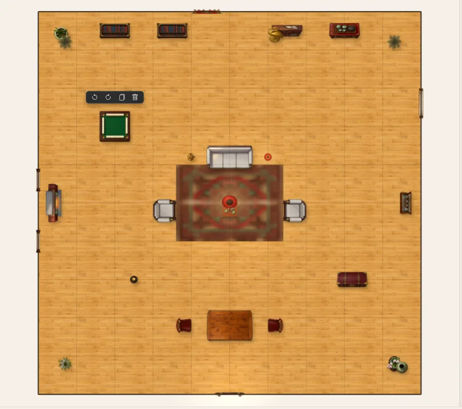 The Build Mode editor showing a manor room from above with sofa, armchairs, bookshelves, a mahjong table and plants