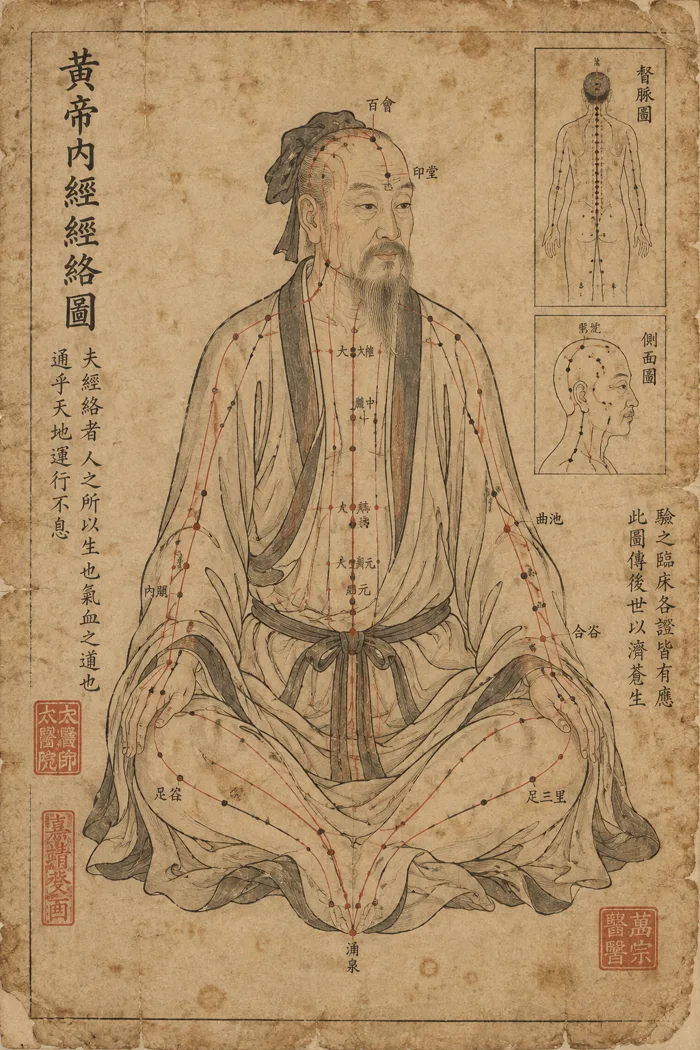 An antique Chinese medicine chart of a seated robed scholar with meridian channels drawn in red and black