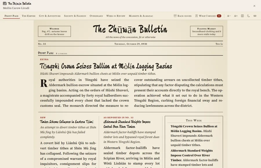 The front page of the Zhūwān Bulletin newspaper with headlines about seized bullion and timber disputes