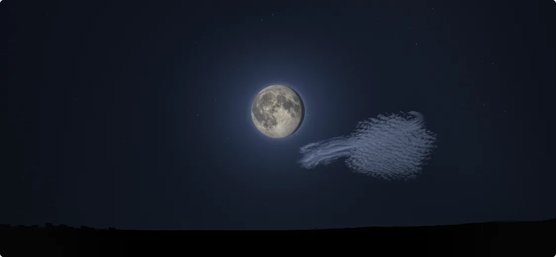 A night sky over a dark coastline with a bright, nearly full moon and a drift of high cloud