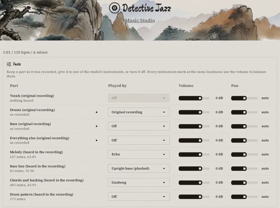 The Music Studio: a song's parts listed with instrument choices such as erhu, upright bass and guzheng, with volume and pan sliders